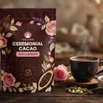 Soul Lumos Rose and Cardamom Ceremonial Cacao pouch next to a steaming mug, rose petals, and cardamom pods on a wooden table.