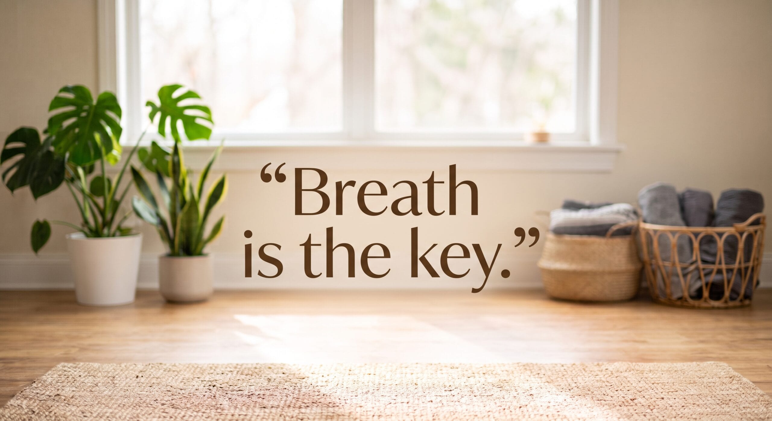Calm yoga space with mat and plants - Breath is the key